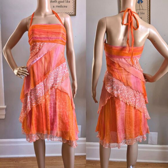 Vintage Y2K Laundry by Shelli Segal Midi Dress Orange Ruffle Fairycore Size 2 - Picture 1 of 16